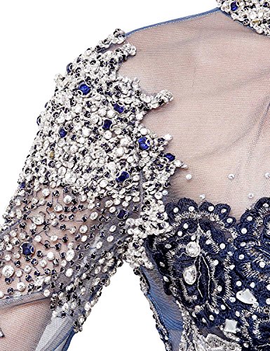 Anmor Tulle Mother Of The Bride Dress High Neck Beaded Sequin Applique Evening Prom Dress Long Sleeeve Navy Blue US2
