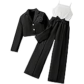 OYOANGLE Girl's 2 Piece Outfit Sleeveless Belted Pants Romper and 3D Floral Crop Suit Jacket