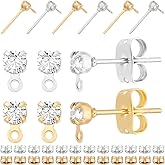Beebeecraft 1 Box 40Pcs 2 Colors Post Studs Earrings with Loop 18K Gold & Platinum Plated Cubic Zirconia Stud Earring Findings and 40Pcs Butterfly Earring Backs for Jewellery Making