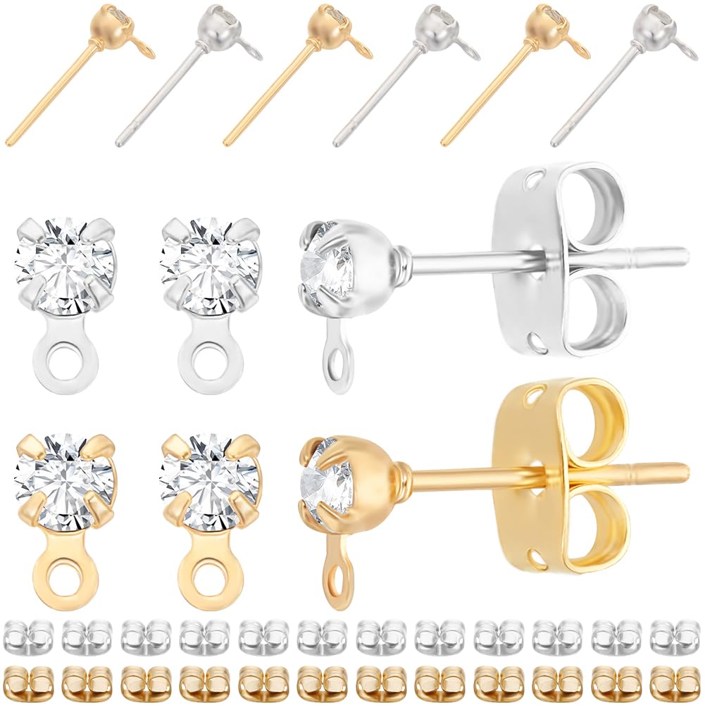 Beebeecraft 1 Box 40Pcs 2 Colors Post Studs Earrings with Loop 18K Gold & Platinum Plated Cubic Zirconia Stud Earring Findings and 40Pcs Butterfly Earring Backs for Jewellery Making