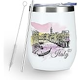 Watercolor Italy Gifts Wine Tumbler Italy Souvenirs Italian Travel Friendship Gifts for City Lovers Women Men Girls Birthday Christmas Insulated Stainless Steel Wine Glasses 12 oz Tumbler with Lid