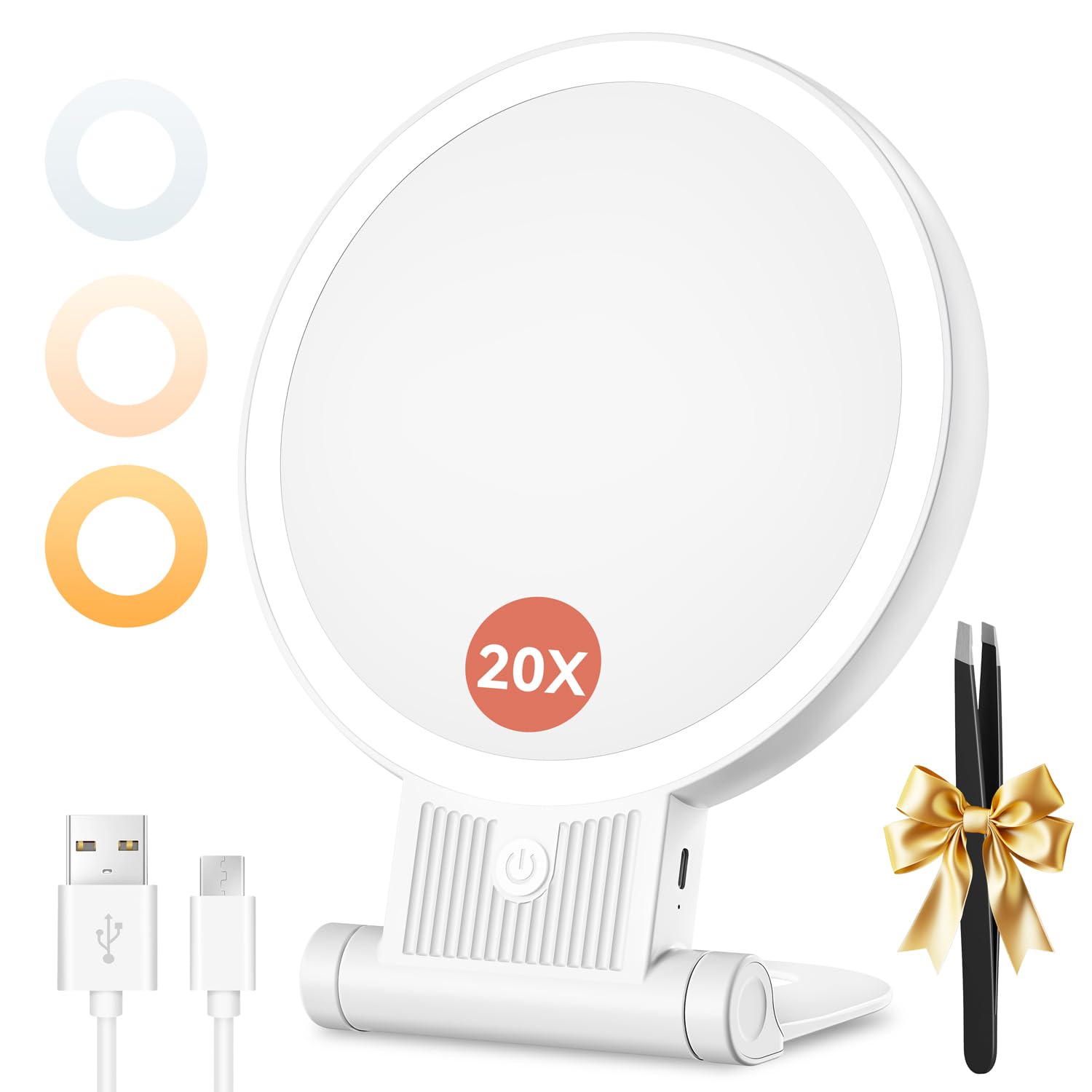 Photo 1 of 1X/20X Magnifying Mirror with Light, Double Sided Makeup Mirror with Adjustable 3 Color Light, 2000mAh Rechargeable Lighted Magnifying Mirrors with Tweezer, Foldable Travel Mirror with Rotation