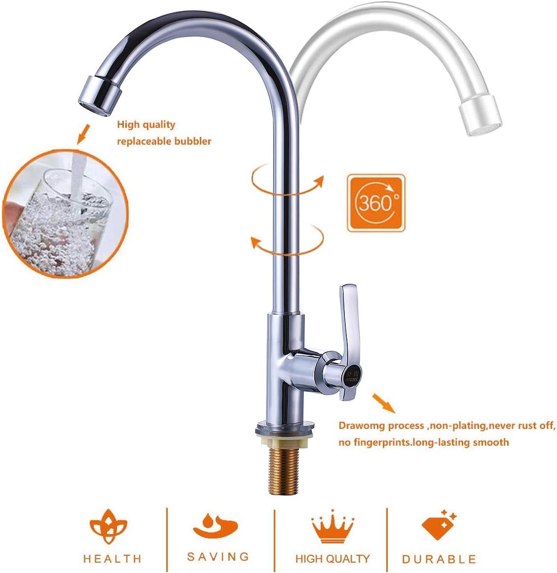 Cold Water Sink Faucet Single Handle One Hole High Arc Deck Mount Stainless Steel Bar Faucet for Kitchen Garden Outdoor Boat Camper Easy Install Chrome - - 