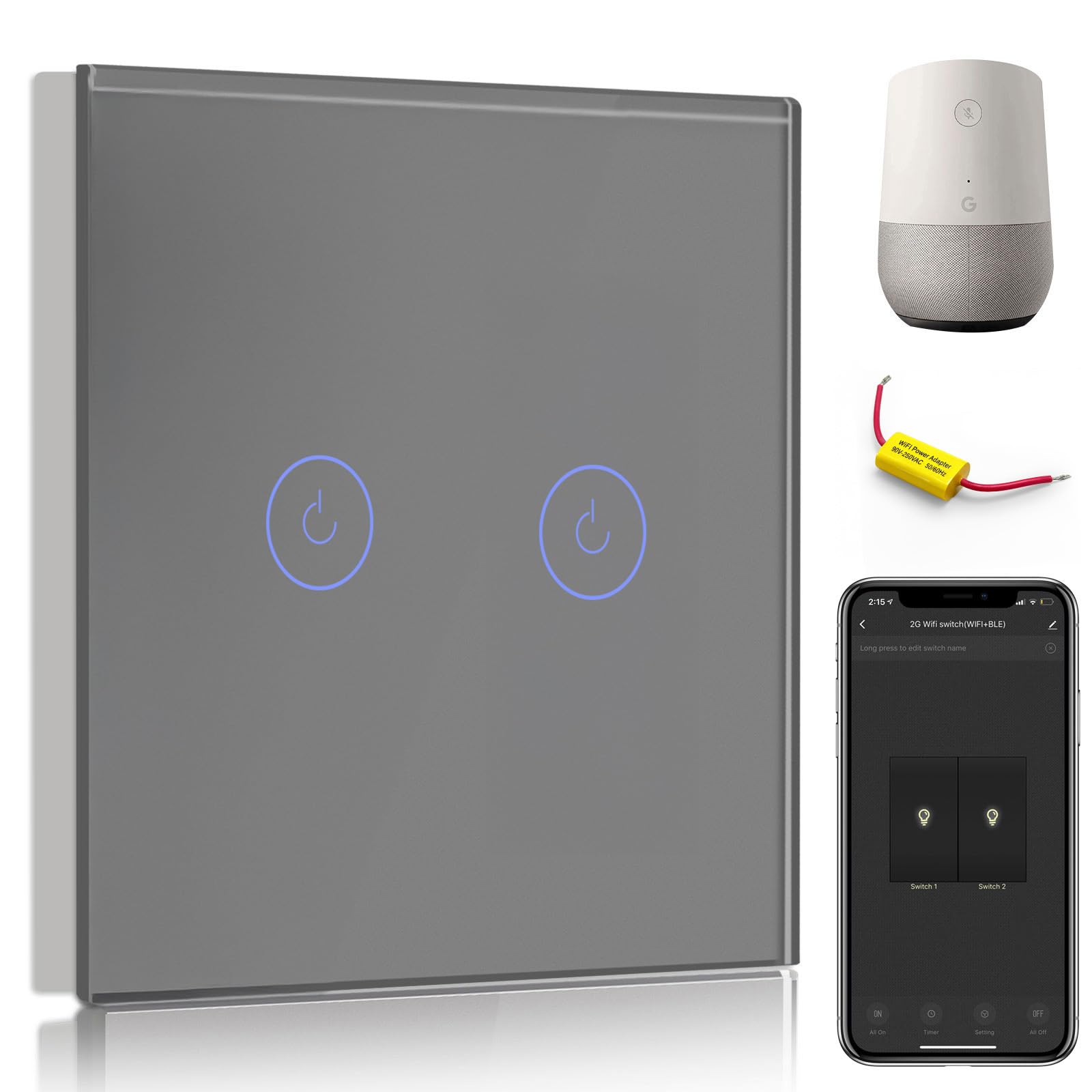 BSEED WiFi Touch Switch,2 Gang 1 Way Smart Light Switch Grey Compatible with Alexa and Google Home,with Smart Life Remote Control(No Hub Required)-No Need Neutral Wire