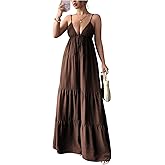SOLY HUX Women's Ruffle Maxi Dress Tie Front Deep V Neck Flowy Beach Vacation Dresses