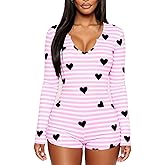 Yoawdats Women Sexy Bodysuit Pajama Heart Print Deep V-Neck Long Sleeve Shorts Jumpsuit Y2k Button Front Rompers Overall