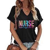 Nurse V-Neck T-Shirt for Women Love Inspire Heal Floral Nurse Day Graphic Short-Sleeve Top