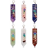 Flemtai 6 Pieces Natural Raw Crystal Point Pendant Reiki 7 Chakra Healing Quartz Gemstone Chips Rose Gold Copper Wires Wrapped Charms for Jewelry Making Necklace