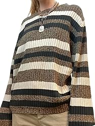 Women Y2K Argyle Striped Pullover Sweater Casual