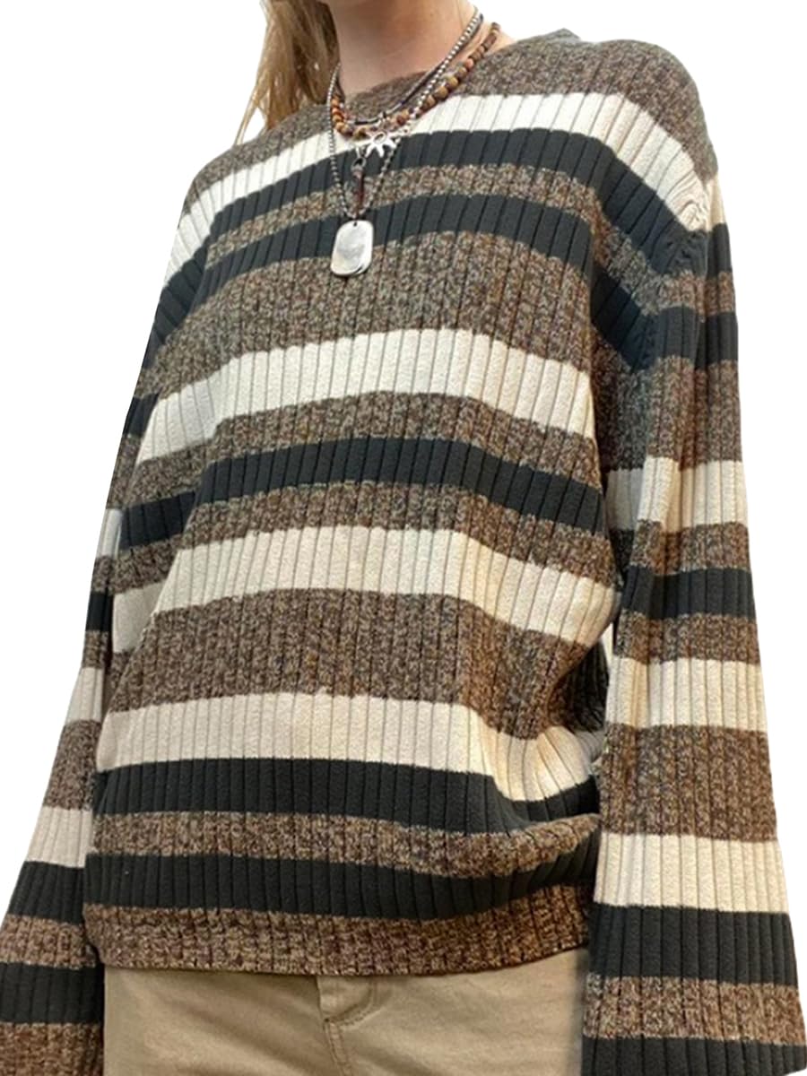 Women Y2K Argyle Striped Pullover Sweater Casual