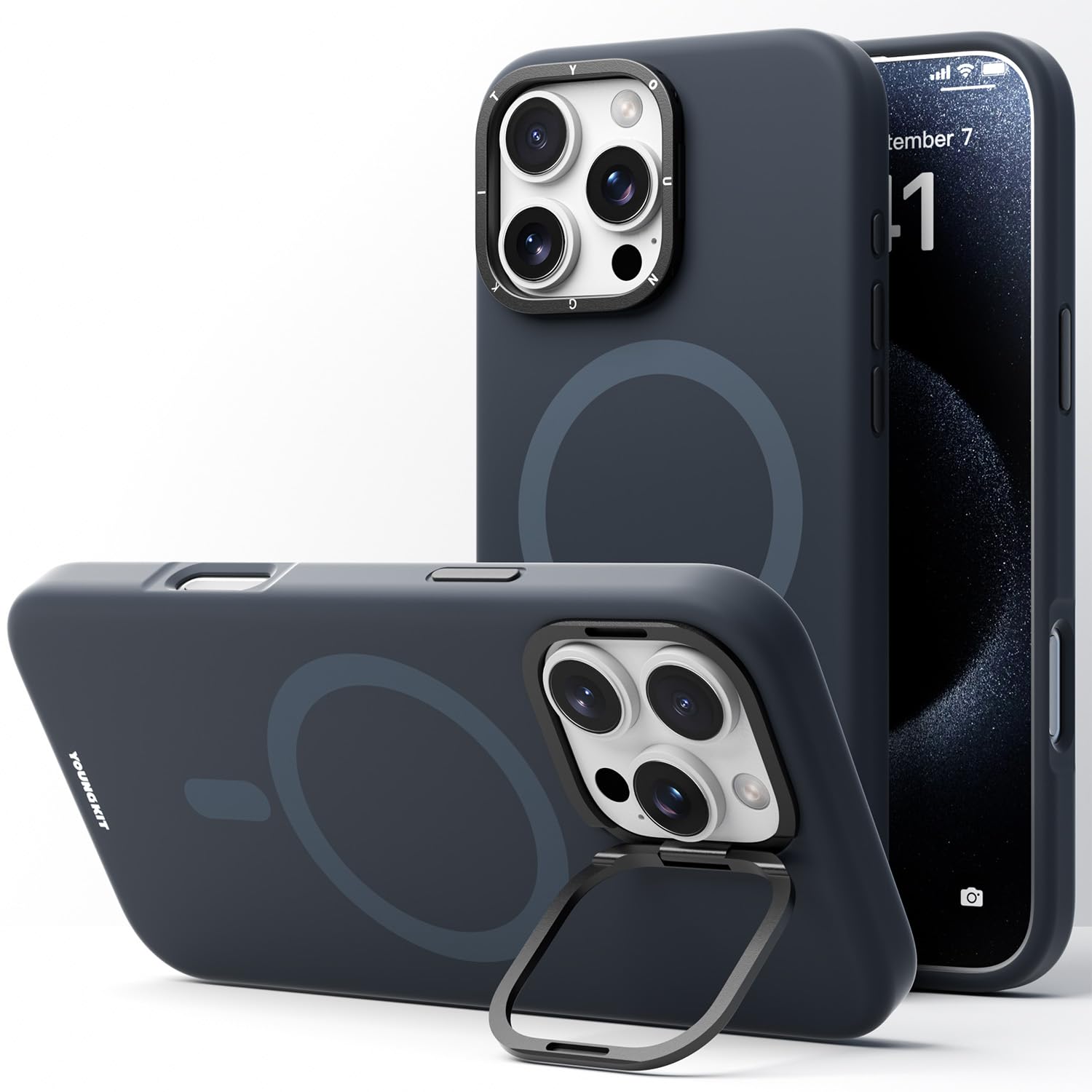 YOUNGKIT Cover for iPhone 16 Pro 360° Adjustable Stand Compatible with MagSafe, Translucent Case with Magnetic Ring Non-Slip and Shockproof Case for 16 Pro – Matte Blue