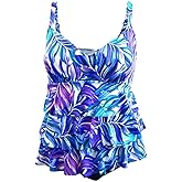 Swim Solutions Women's Faux-Tankini One-Piece Swimsuit (Dancing Palm, 12)