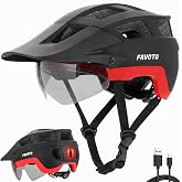 Favoto Mountain Road Bike Helmet with Light and Visor for Adults | USB rechargeable light, 16 vents, complies with CPSC/CE standards, dial fit, Men Women, road MTB commuter