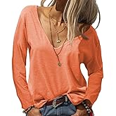 Danedvi Women Fashion Deep V-Neck Long Sleeve Tops Solid Casual Loose Basic T Shirt