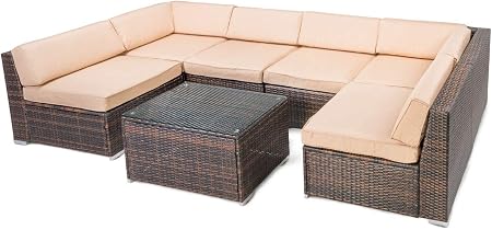 Amazon Com Pamapic 7 Piece Outdoor Patio Furniture Set Rattan Wicker Sectional Sofa For Backyard Porch Garden Poolside Balcony With Brown Rattan And Beige Cushion Inclined Backrest Garden Outdoor
