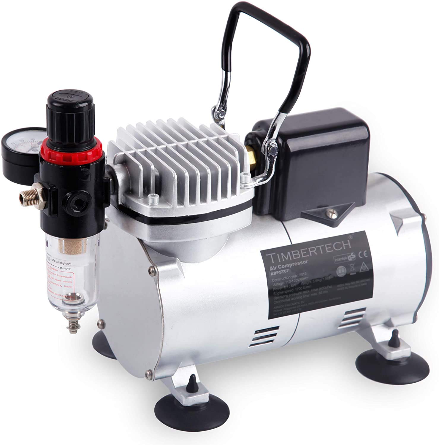 Timbertech Professional Upgraded Piston Airbrush Compressor ABPST07 with Motor Cool Down Fan/Powerful Working Pressure/Strong Airflow for Hobby, Food Decoration, Body Tattoo, Graphic and so on