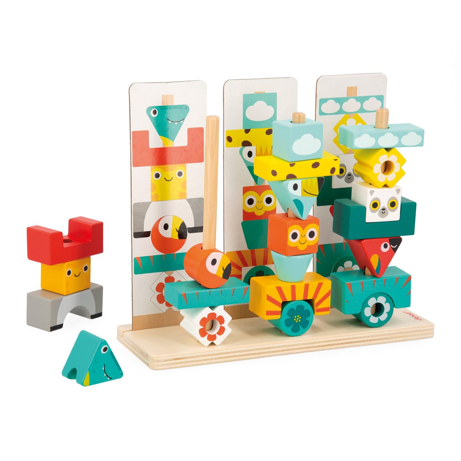 Janod - Tropik Totem Game - Children’s FSC Wood Toy - 52 Stackable Pieces + 12 Models - Educational Game - 3 Years +, J08279