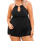 CUPSHE Women's Plus Size Tankini Sets High Round Neck Keyhole Flowy Two Piece Swimsuits Self Tie Cutout Mid Rise