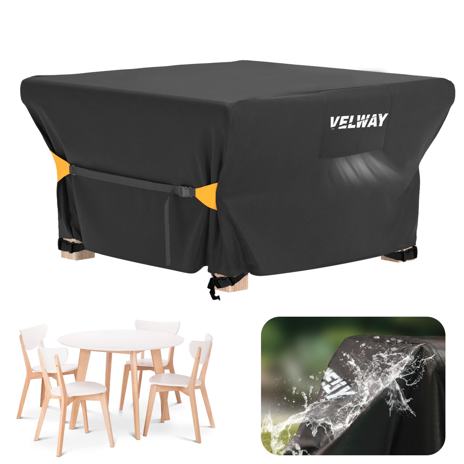 Velway Rattan Garden Furniture Covers: Waterproof 125x125x74cm Square Outdoor Table Cover with Air Vent Anti-UV Windproof for Patio Cube Dining Set - Black