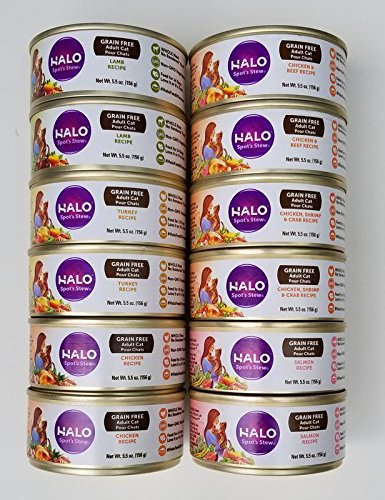 Halo Spot's Stew Grain-Free Canned Cat Food Variety Pack - Lamb, Chicken, Shrimp & Crab, Chicken & Beef, Salmon, Turkey, and Chicken Recipe (12 Pack Bundle)