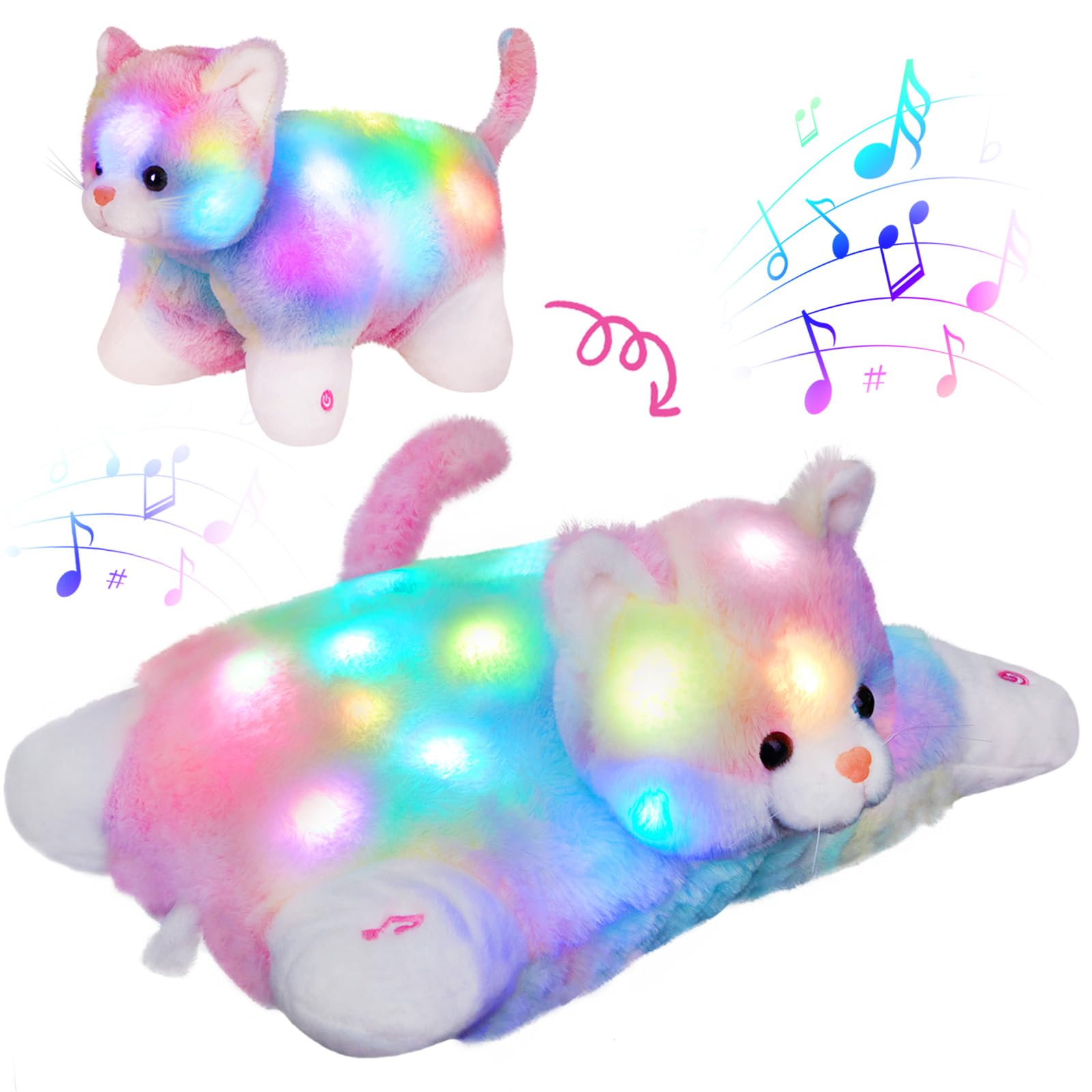 Photo 1 of Glow Guards 16" Light Up Musical Rainbow Cat Stuffed Animal Glowing Colorful Cute Soft Kitty Plush Toy Pillow Sofa Decors Christmas Children's Day Birthday Gifts for Toddlers Kids