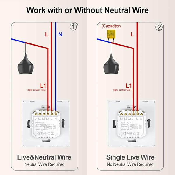 Interruptor de Luz Inteligente Interruptores de Luz Tctil Wifi que Funcionan con Alexa y Control Remoto de la Aplicacin Google Home Funcin de Sincronizacin Sin Cable Neutro Control de 2 Luces
