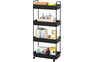 Kaitiemoo 4-Tier Storage Cart，Shelf Organizer Mobile Shelving ，Utility Rolling Cart，Multifunction Movable Storage Organizer with Lockable Wheels,Black