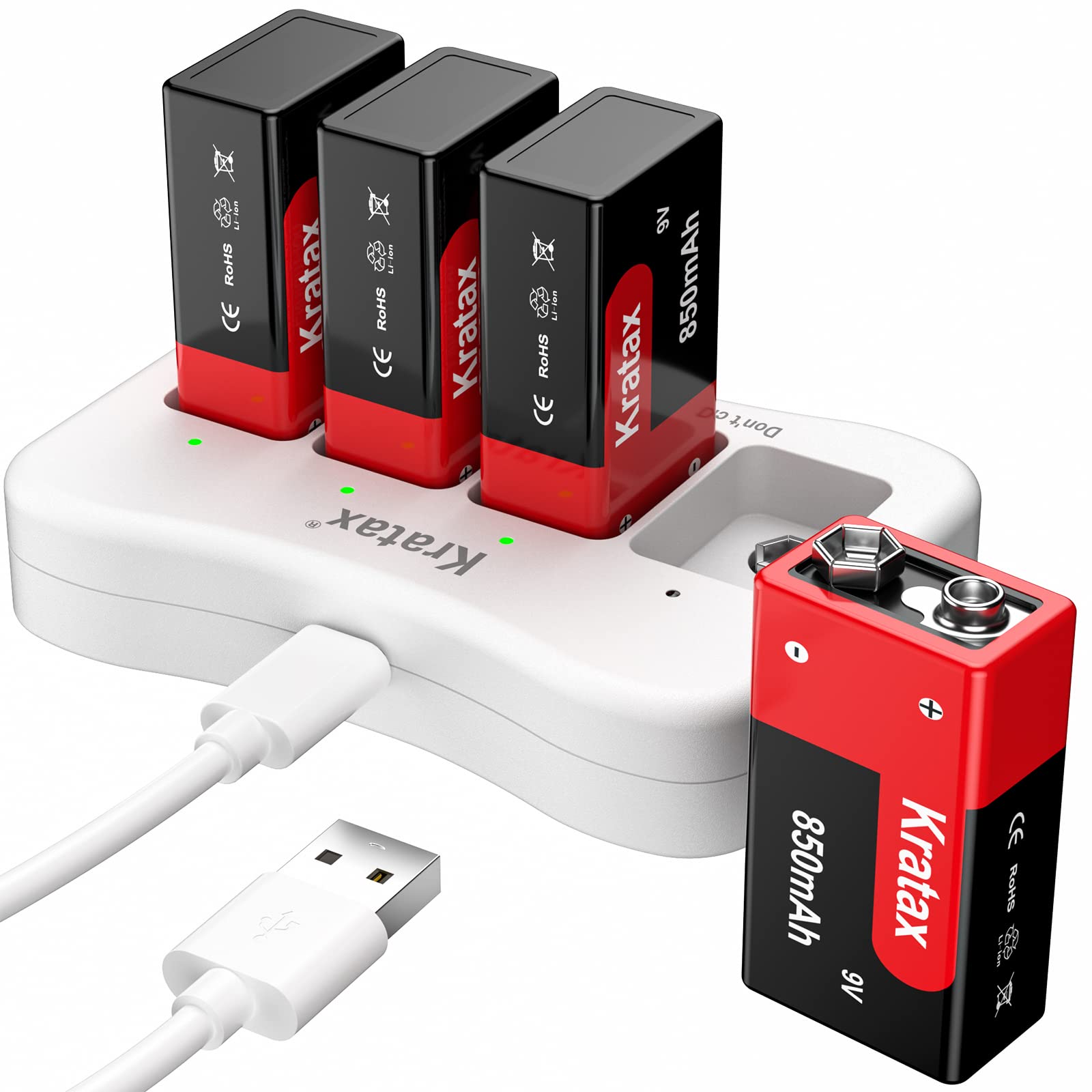 Photo 1 of 9v Rechargeable Batteries kratax 4 Pack 850mAh high Capacity Rechargeable 9 Volt Lithium-ion Batteries with Fast Charger, 1000 Cycles Long-Lasting for Smoke Alarms Guitar Multimeter