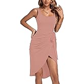 LYANER Women's Ruched Wrap Slit Tie Waist Scoop Neck Sleeveless Bodycon Midi Tank Dress