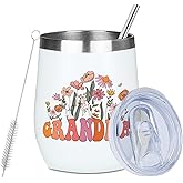 Grandma Gifts Wine Tumbler 12 oz Insulated Wine Glass Cup with Lid Straw Vacuum Travel Cup,Grandma Birthday Gifts Mothers Day Retirement Thank You Gift for Women Friend Mothers Day Christmas