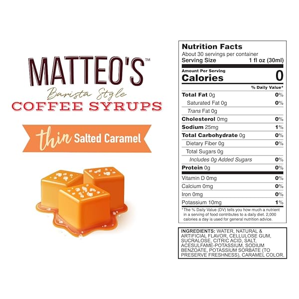 MATTEO’S SALTED CARAMEL SYRUP FOR COFFEE, LATTES, CAPPUCCINOS & DESSERTS – SUGAR-FREE SWEETENER FOR BEVERAGES, KETO FRIENDLY, ZERO CALORIES, INDULGENT FLAVOR, NON-ALCOHOLIC, 33.8OZ (1PK)