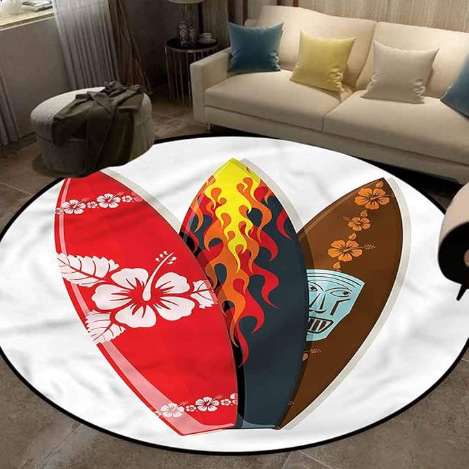 Surfboard Vintage Modern Round Rug with NonSkid Rubber