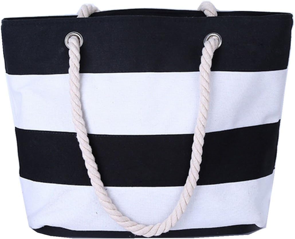 DNFC Women Beach Bag Canvas Travel Tote Bag with Zipper Large Striped Shoulder Bag Holiday Beach Tote Shopping Bag Handbag for Ladies and Girls