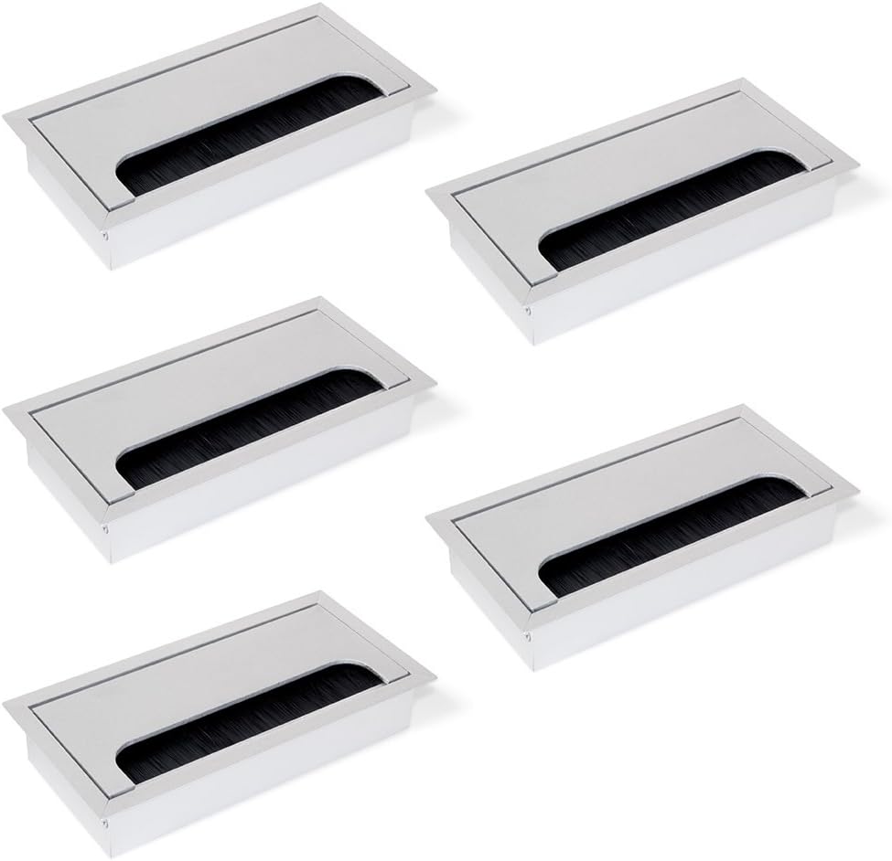 Emuca - Set of 5 Square Built-in Metal Grommets for Table/Desk/worktop 160x80mm (6,2x3,14 inch), matt Anodized Aluminium
