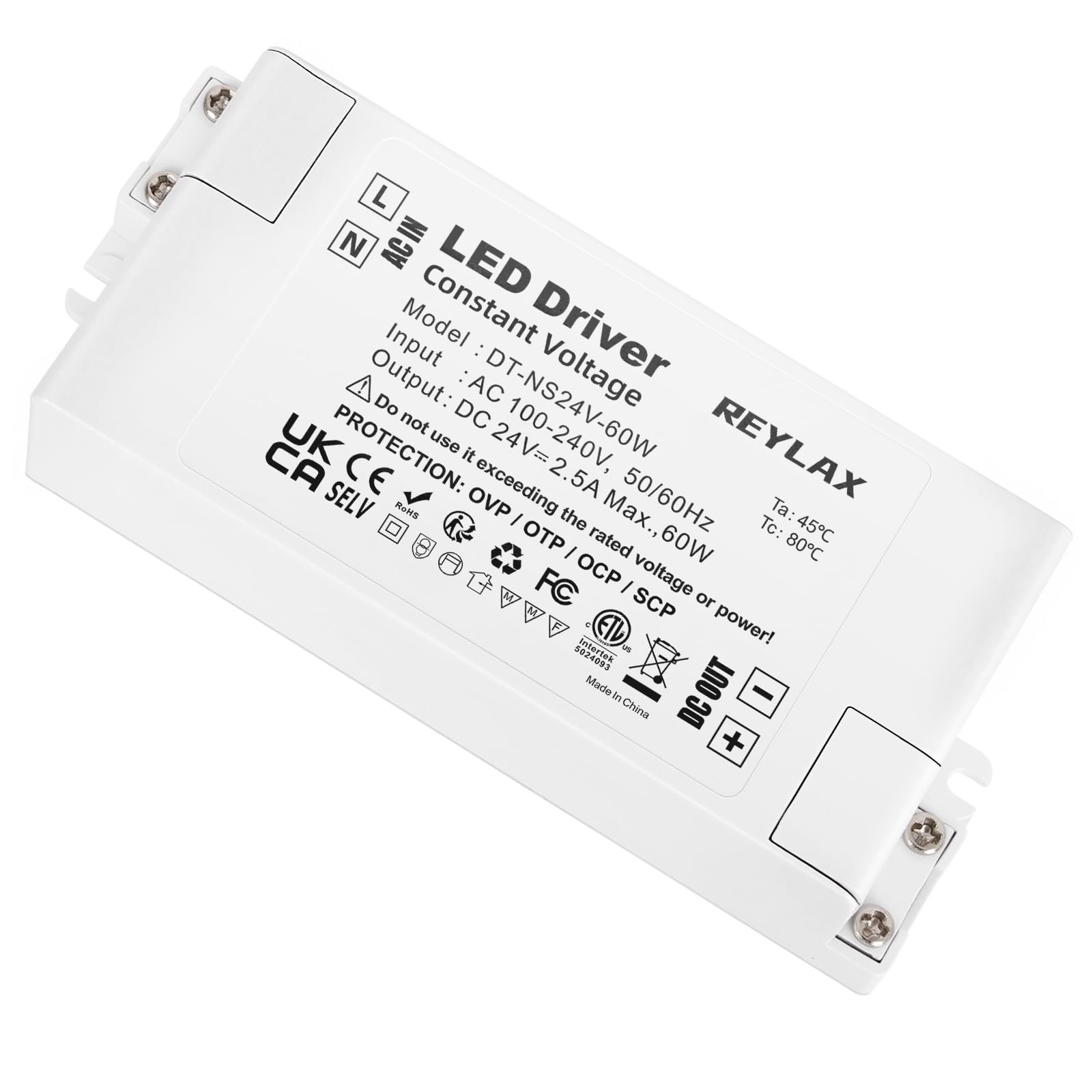 REYLAX 24V LED Driver 60W 2.5A, Power Supply, Transformer, Constant Voltage for Strip Light, Downlights, Display and Bulbs