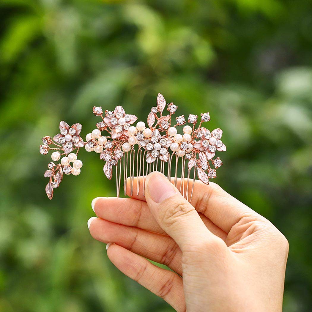 Fstrend Bridal Wedding Hair Comb Gold Rhinestone Flower Bride Hair Side Combs Clips Pearl Leaf Hair Accessories for Women and Girls (rose gold) : Beauty