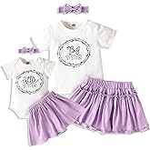 AMAWMW Big Sister Little Sister Matching Outfits Toddler Baby Girl Summer Clothes Short Sleeve Romper Ruffle Skirt 3PC Set