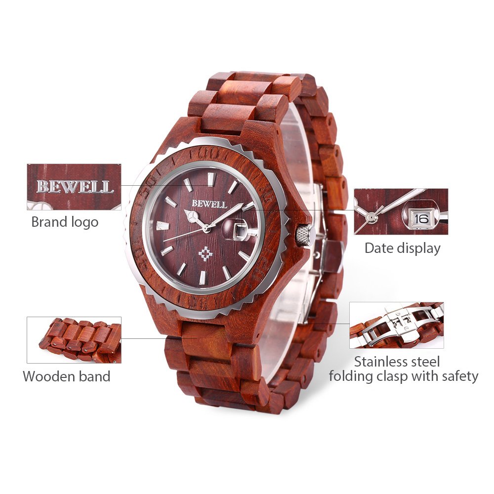 GBlife BEWELL ZS-100BG Mens Wooden Watch Analog Quartz Movement with Date Display Retro Style … (Red)