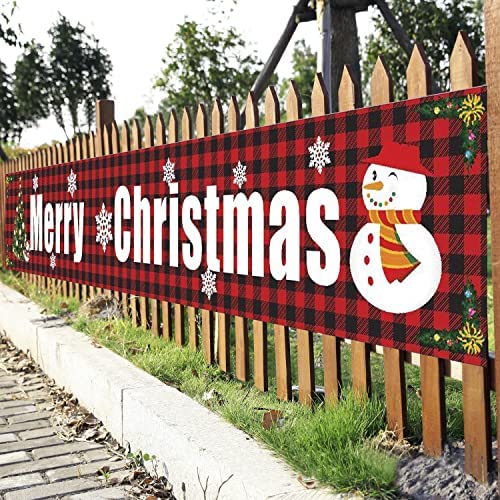 Christmas Banner Outdoor 117” x 19” Large Merry Christmas Banners Decorations for Garden Yard Fence Wall Red Plaid Fabric Xmas Banner Porch Sign with Santa Reindeer Festive Holiday Party Decor