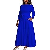 XNMHL Plus Size Maxi Dress for Curvy Women with Belt Crew Neck 3/4 Sleeve Flowy Long Outfits Sizes L to 5XL