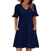 Zeagoo Summer Casual Dresses for Women A Line Sun Dress Ruffle Short Sleeve V Neck Floral Tshirt Dress with Pockets