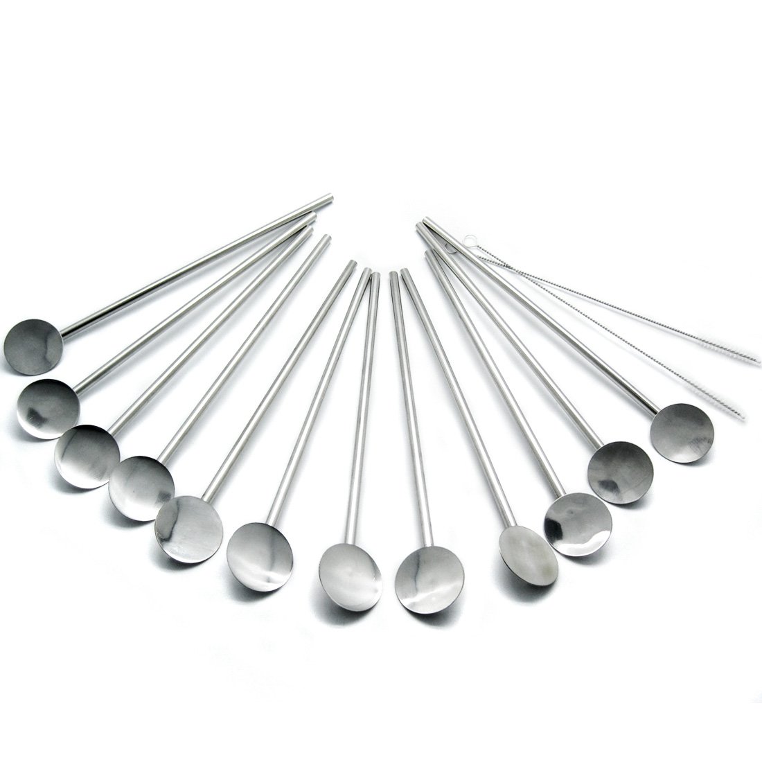 kilofly 12 pcs Bar Spoon Straws Reusable Stainless Steel Long Handle + 2 Cleaning Brushes