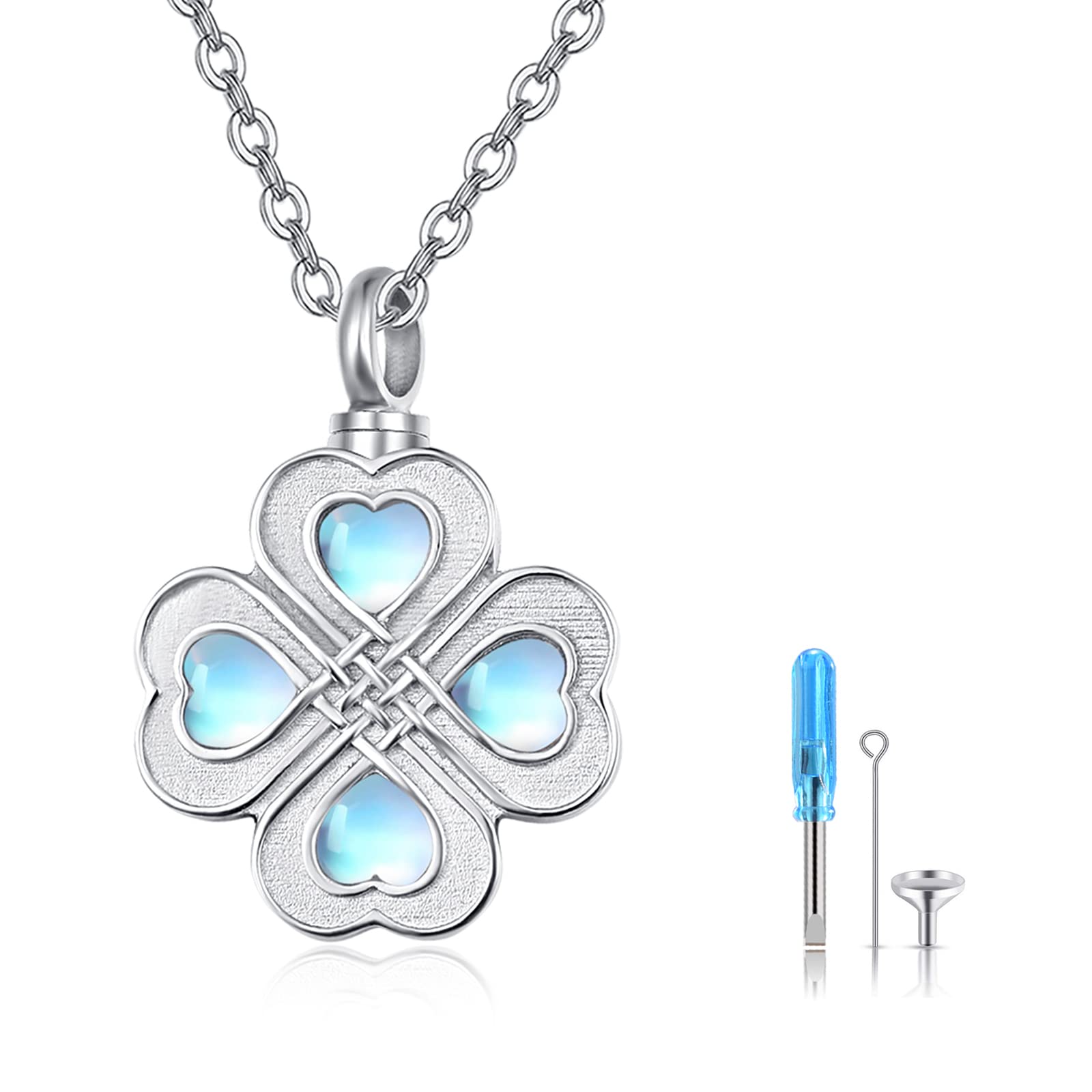 TANGPOET Urn Necklace for Ashes 925 Sterling Silver Four Leaf Clover Moonstone Memorial Cremation Jewellery for Ashes Keepsake Pendant Necklaces for Women Men Pet with Funnel Filler Kit — image 1