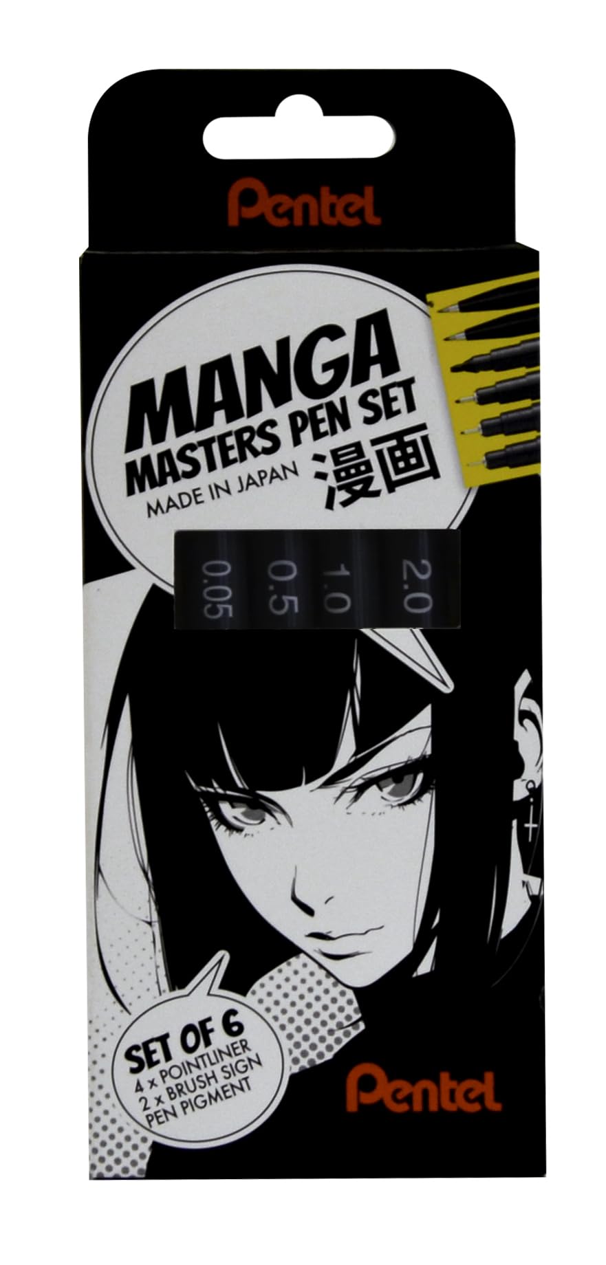 Pentel Arts YS20PSESP, Manga Masters Pen Set, 4 Pointliner Tip Sizes 0.05-2.0mm & 2 Brush Pens, Black ink (Pack of 6)