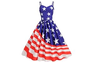 LMSXCT 50s Retro Rockabilly Bridesmaid Audrey Dress Womens Cocktail Dress Vintage American Flag Print Swing Prom Tea Dresses