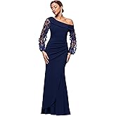 Xscape Women's Long Flower Ilusion Sleeve Off-The-Shoulder Scuba Crepe Gown, Navy, 4