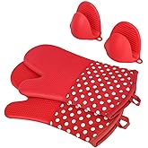 AICMEI Extra Long Oven Mitts and Pot Holders Sets: Heat Resistant Silicone Oven Mittens with Mini Oven Gloves for Kitchen Baking Cooking, Quilted Liner, Non-Slip Surface(Pack of 4)