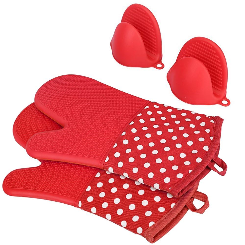 AICMEI Extra Long Oven Mitts and Pot Holders Sets: Heat Resistant Silicone Oven Mittens with Mini Oven Gloves for Kitchen Baking Cooking, Quilted Liner, Non-Slip Surface(Pack of 4)