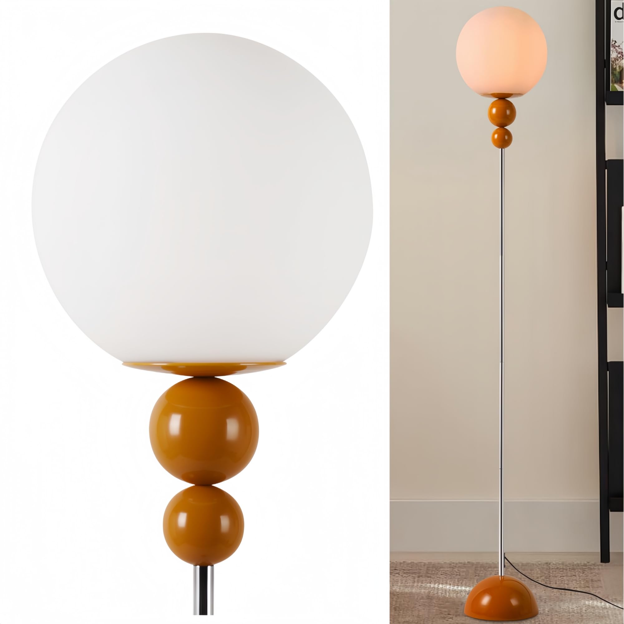 Photo 1 of Modern Glass Floor Lamp for Bedroom, 63'' Vintage Mid-Century Floor Lamp with Milky White Frosted Glass Globe Shade for Living Room Corner, Slim Standing Reading Lamp for Office Decor (Signal Brown)