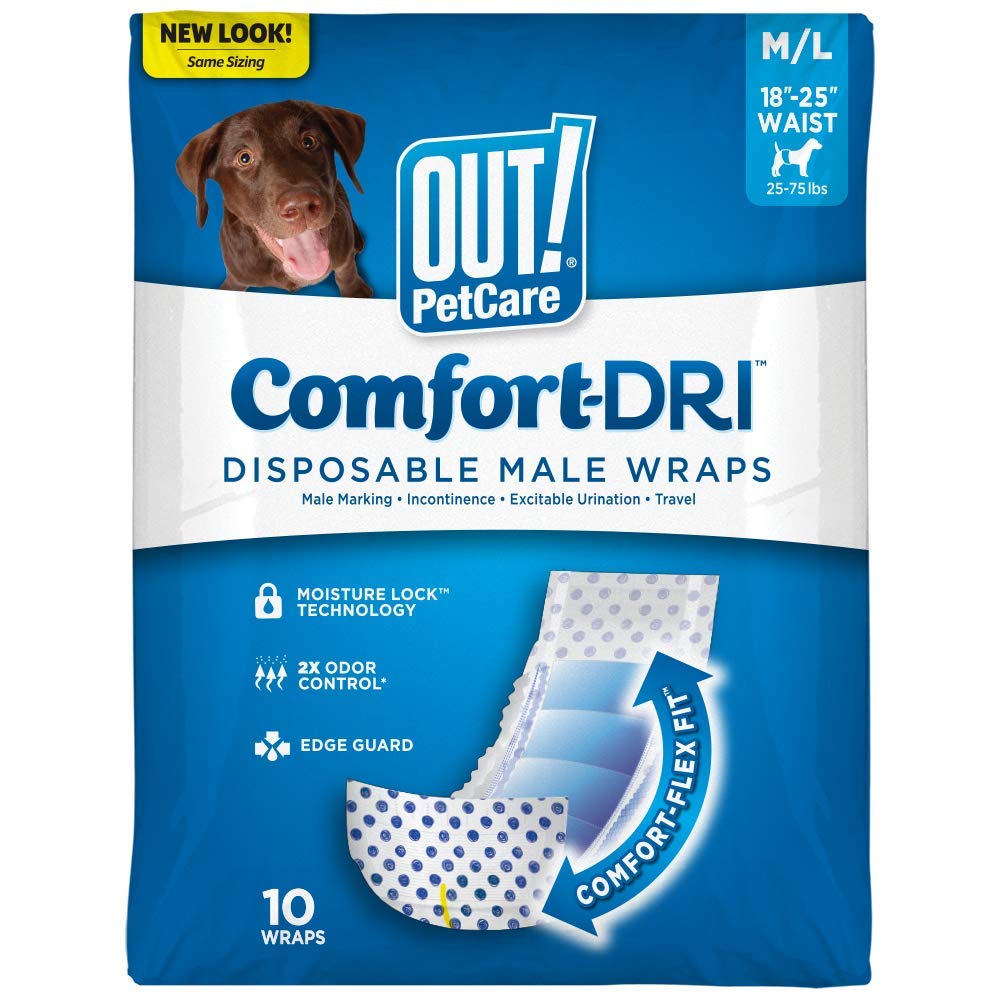 OUT! Disposable Male Dog Diapers | Absorbent Male Wraps with Leak Proof Fit | M/L - Pack of 10